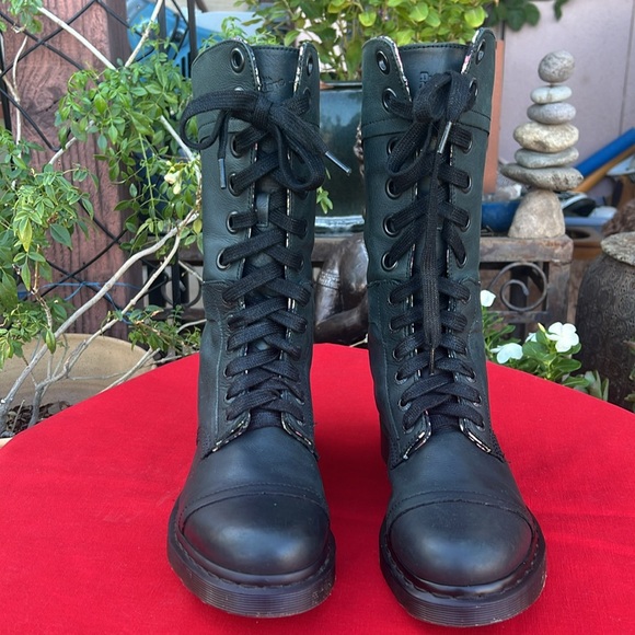 Dr. Martens Triumph Floral Tall 12 Eye Lace Up Mirage Black / Dark Green Boots - Picture 10 of 16